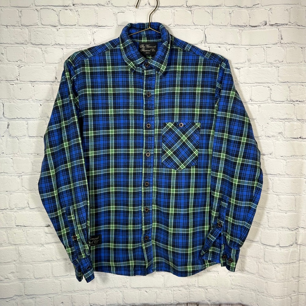 The Vermont Flannel Co Mens Small Blue Green Plaid Button Down Flannel Shirt